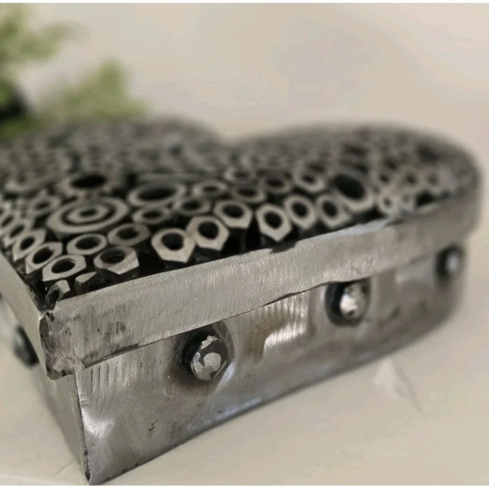 Large Heart Shaped Silver Metal Trinket Box Industrial Nuts & Bolts‎ Rustic